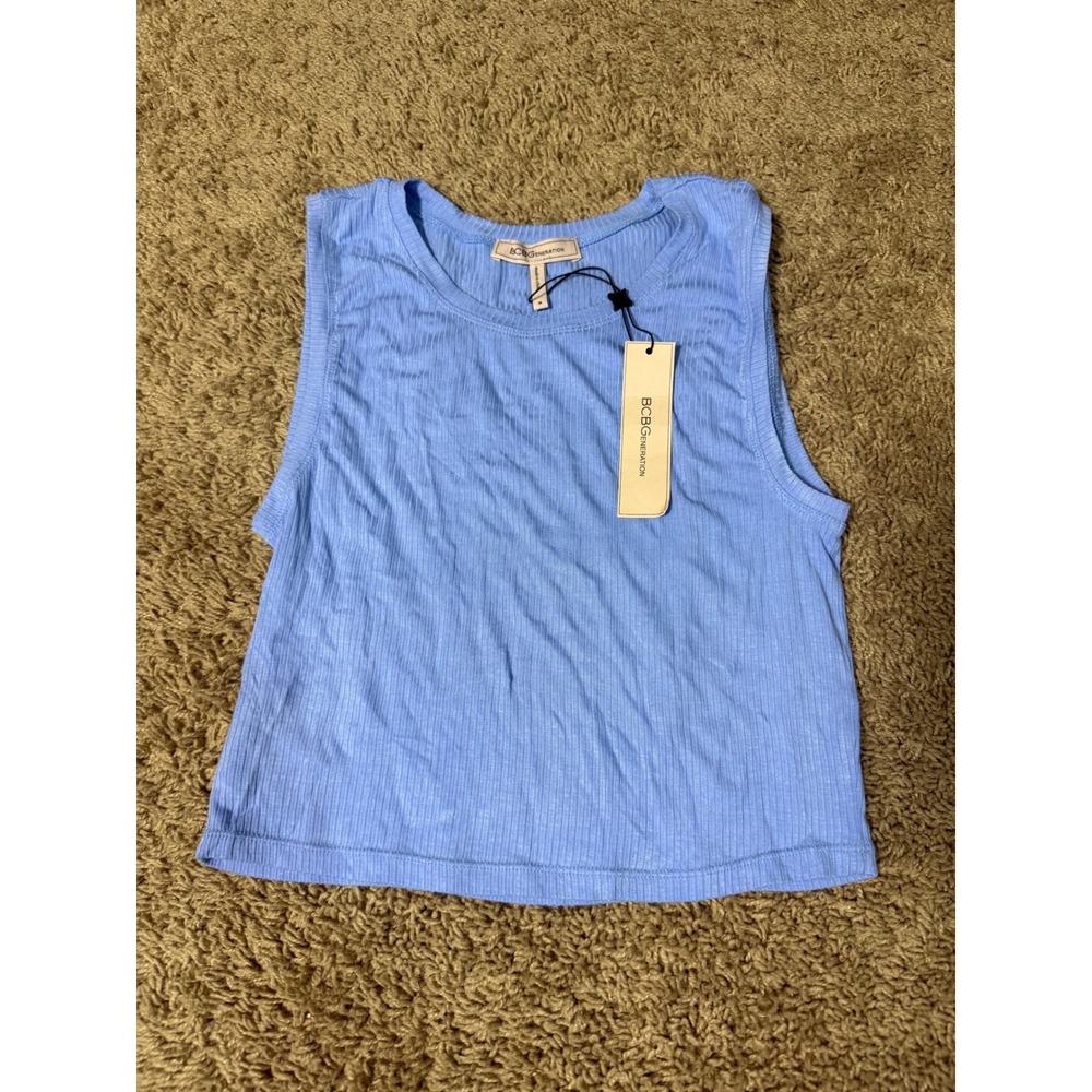 BCBGeneration Ribbed Knit Tank Top Blue Sleeveless Crop Crew Neck 1VX3T61-BLU M